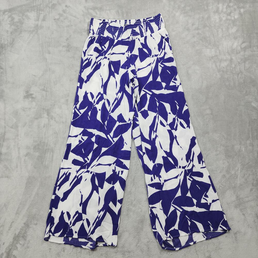 Maurices Pants Womens M Blue Floral Wide Leg Pull On Crepe Rayon Casual Summer